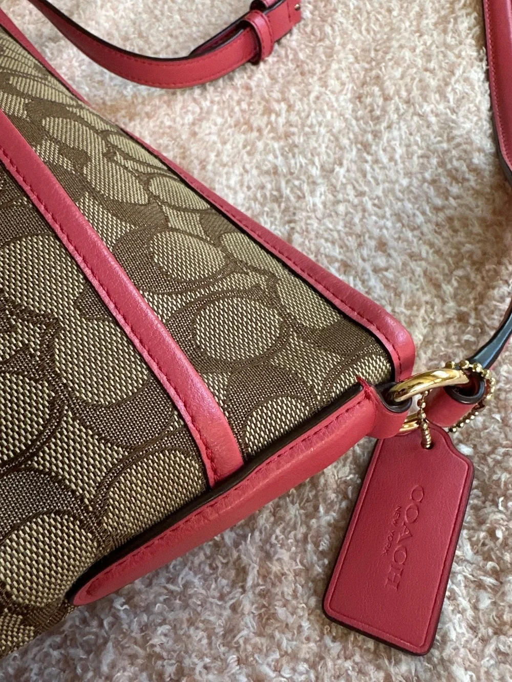 Coach Beige Signature Crossbody with Pink Leather Trim